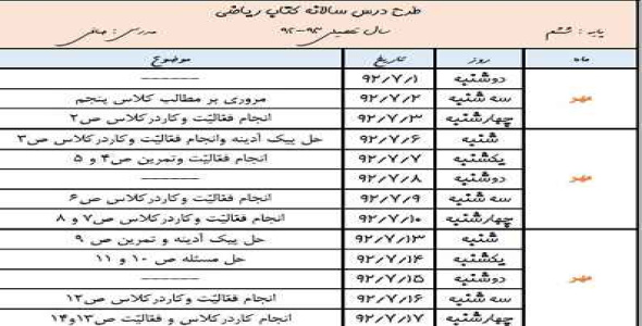 
	طرح درس سالانه ریاضی پایه ششم
