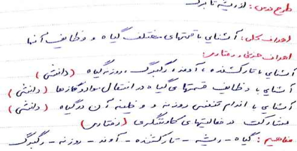 
	طرح درس علوم موضوع از ریشه تا برگ پایه پنجم
