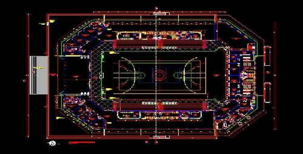 فایل اتوکد طراحی ورزشگاه (مرکز ورزشی) همراه با پلان های مبلمان شده، مقاطع و نماها