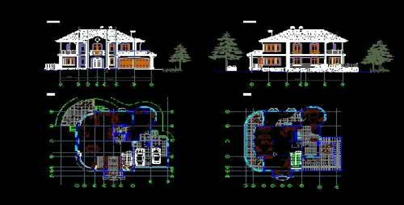 فایل اتوکد طراحی ویلای دوبلکس همراه با نمای چهار طرف پروژه