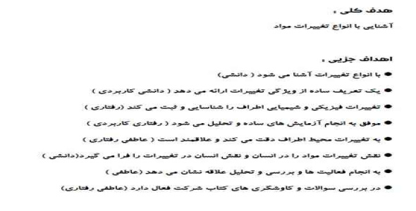 
	طرح درس علوم موضوع ماده تغییر می کندپایه پنجم
